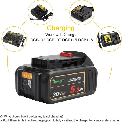 2 Pack Waitley 20V 5.0Ah Replacement Battery Compatible with Dewalt DCB200 DCB203 DCB204 DCD780 DCD785 DCD795 DCF885 DCF895 DCS380 DCS391 Li-ion Battery Tools