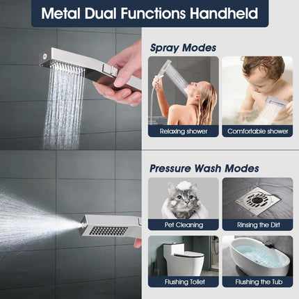 PDPBath All Metal Rain Shower Head with Handheld Built-in High Pressure Wash Mode, 12'' Rainfall Shower Head with Adjustable Z-shaped Extension Arm, Adjustable Brass Bracket, 79" Hose, Brushed Nickel