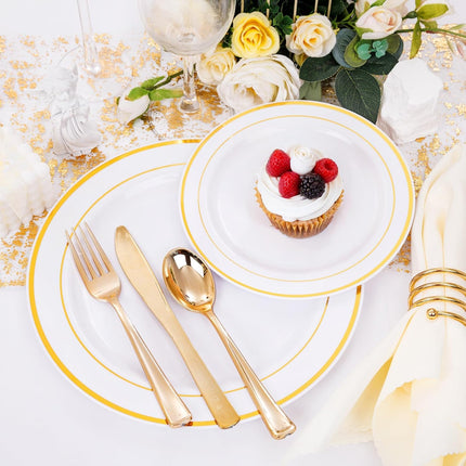 500 Gold Dinnerware Set: 100 Gold Rim Dinner Plates, 100 Salad Plates, 100 Silverware, Heavy Duty