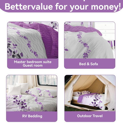 Reylox 9 Pcs KING Size Purple Bedspread Set with Curtains, Bohe Purple Floral Bed in A Bag, 2 Pillowcases and 6 Curtains, Moisture-Wicking Microfiber for Bedroom, Master Suite Decor