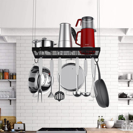 Miyili Ceiling Mounted Pot Rack Square Grid Kitchen Pot And Pan Organizer Storage Shelf with 10 Hooks, 24 by 12-inch (Black), KCR300B1
