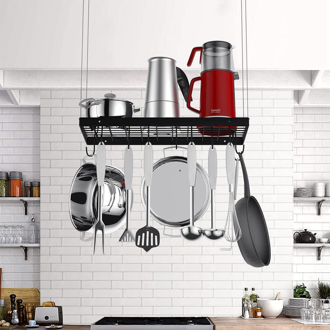 Miyili Ceiling Mounted Pot Rack Square Grid Kitchen Pot And Pan Organizer Storage Shelf with 10 Hooks, 24 by 12-inch (Black), KCR300B1