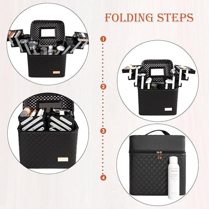 Cosmetic Bag with Mirror for Travel Vanity,Large Makeup Organizer Bag with 6 Compartments 3 Layer Drawers,Toiletry Bag for Women Men (Black)