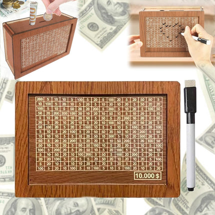 Gaukomzs Cash Vault Wooden Savings Box, $10000 Wooden Cash Saver Money Box, Cash Saver Box, Coin Counter Piggy Bank, Money Box with Counter, Wooden Money Box with Money Target and Numbers, Dark Brown