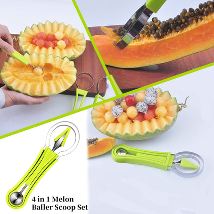DAOENY 5Pcs Melon Baller Scoop Set, 4 in 1 Stainless Steel Fruit Scooper Seed Remover Cutter, Double Sided Melon Baller Spoon, Avocado Cutter, Watermelon Carving Knife for Dig Pulp Separator Fruit Slicer