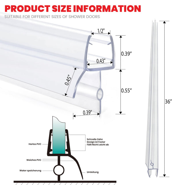 Shower Door Bottom Seal Strips 2PCS, 36 Inch Long Ultra Clear Vinyl Seal Strips With Sweep For 1/2"(12mm) Thick Frameless Glass Door, To Stop Water Leak