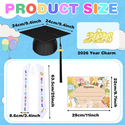 Kindergarten Graduation Gown Cap Set with 2026 Tassel,Preschool Stole and Certificate for Kindergarten (Black, 36)