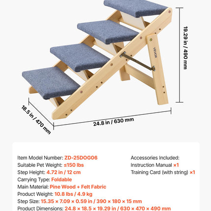 VEVOR Wood Pet Stairs, 4-Step Dog Stairs for Beds, Sofa & Cars, 60lbs Load Capacity, Folded Flat Design, Stable & Sturdy Cat & Dog Step Ladder for Small Medium Older Pet Puppy Essentials