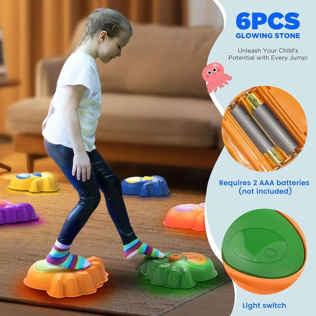 WELIN Balance Stepping Stones for Kids, 6pcs Crossing River Octopus Stone with Light, Indoor Outdoor Fitness Equipment, Balance Training Toy Obstacle Course, Birthday Gifts for Boys Girls Ages 3+