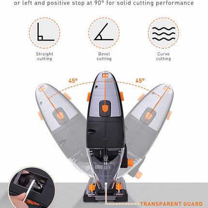 TACKLIFE 6.7-Amp 6 Variable Speed (800-3000 SPM) 800W Jig saw with Laser & LED, 4 Orbital Sets, 6 Blades, 45° Bevel Cutting, Scale Ruler, Dust Blowing for Wood, Metal and Plastic Cutting, PJS02A