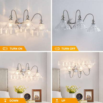 BrkNit Vintage Bathroom Light Fixtures Over Mirror, 3-Light Brushed Nickel Wall Sconce Lighting with Flower Glass Shade, Farmhouse Vanity Lights for Bedroom Kitchen Living Room Hallway Light