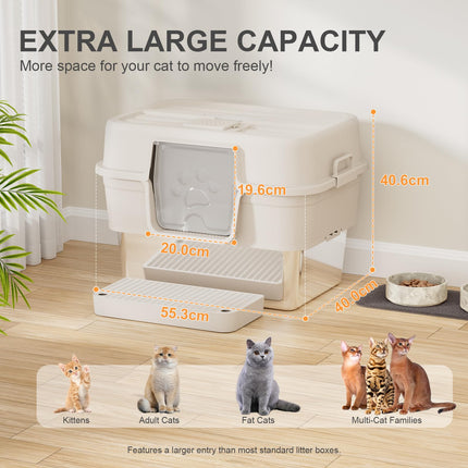 Stainless Steel Litter Box with Lid, XL Extra Large Litter Box for Big Cats, Enclosed Metal Litterboxes High Sided with Handles, Easy Cleaning Anti-Urine Leakage, Mat & Filter Pedal & Scoop, Beige