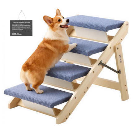 VEVOR Wood Pet Stairs, 4-Step Dog Stairs for Beds, Sofa & Cars, 60lbs Load Capacity, Folded Flat Design, Stable & Sturdy Cat & Dog Step Ladder for Small Medium Older Pet Puppy Essentials