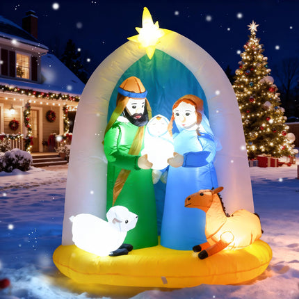 TRMESIA 6 Feet Indoor Outdoor Nativity Scene Inflatable Christmas Decor, LED Lights Holiday Garden Yard Lawn Decoration, Xmas Blow up Decoration,Featuring Mary Joseph Baby Jesus with Cute Sheep and Deer