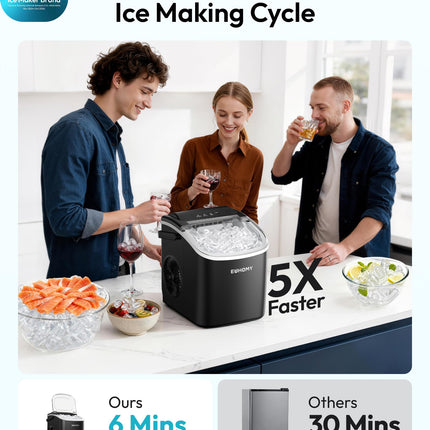EUHOMY Countertop Ice Maker Machine with Handle, 26lbs in 24Hrs, 9 Ice Cubes Ready in 6 Mins, Auto-Cleaning Portable Ice Maker with Basket and Scoop, for Home/Kitchen/Camping/RV. (Black)