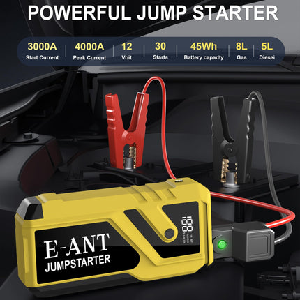 Car Battery Jump Starter 3000A Peak, 12V Jump Starter Battery Pack for Up to 8L Gas/5L Diesel, Battery Booster Jump Box, Power Bank USB QC3.0 Outputs Portable Charger, Jumper Cables LED Light Yellow