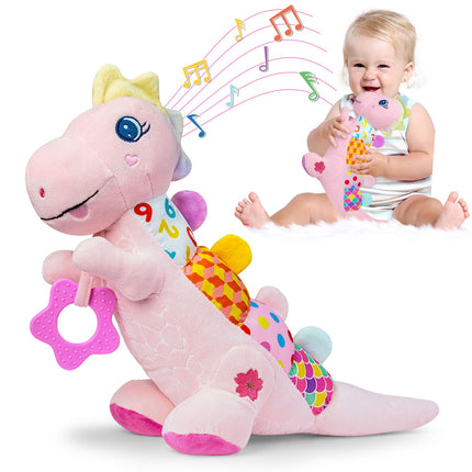 Baby Sensory Dino Musical Stuffed Animal Toys for 0-3-6-9-12 Months，Infant Dinosaur Tummy Time Toys with Crinkle Sound Paper，Teether，Textures & Rattles for Newborn Boys Girls Birthday Gifts，Pink
