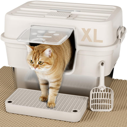 Stainless Steel Litter Box with Lid, XL Extra Large Litter Box for Big Cats, Enclosed Metal Litterboxes High Sided with Handles, Easy Cleaning Anti-Urine Leakage, Mat & Filter Pedal & Scoop, Beige