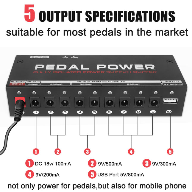 HSMOOT Pedal Power Supply Fully Isolated Guitar Pedal Power Supply 10 Independent DC Outputs for 9V/18V Guitar Bass Effect Pedal with Buffer Pedal USB Port