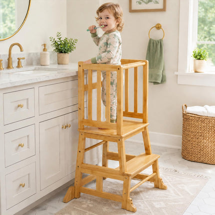 COSYLAND Baby and Toddler Step Stool Kitchen Nursery Helper Stand with Safety Rail in Natural Bamboo, Strong and Lightweight Toddler Kitchen Stool Helper - Natural