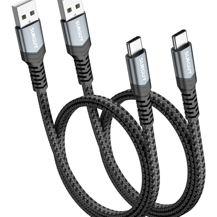 SUNGUY USB C Cable 1FT [2Pack], Flat USB A to USB C Charger Cable 3A Fast Charging Data Transfer Braided Compatible with iPhone 16 15 Pro/Pro Max/Plus, Samsung Galaxy S23 S22, Note 20 10