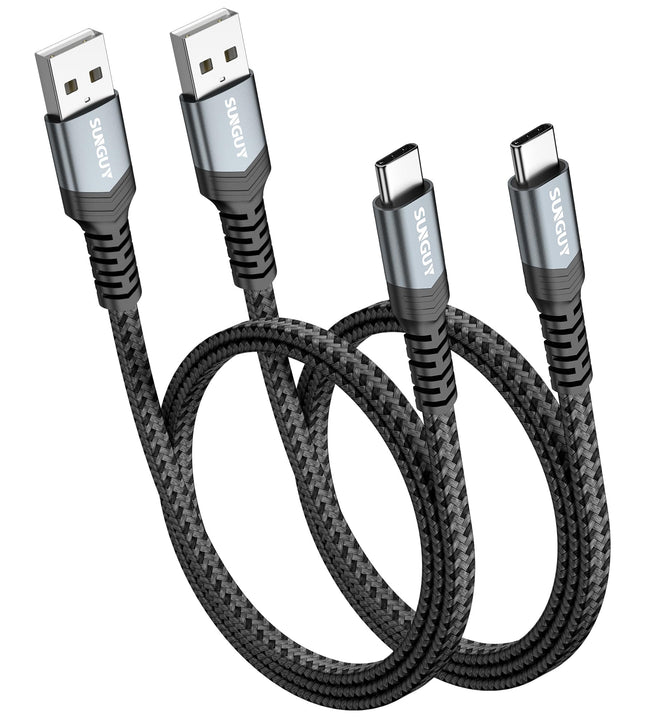 SUNGUY 2-PACK USB C Cable 3FT Flat USB A to Type C Charger Cable 3A Fast Charging Data Transfer Cord Braided Compatible with iPhone 16 15 Pro/Pro Max/Plus, Samsung Galaxy S23 S22, LG, iPad Pro/Air