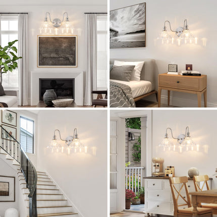 BrkNit Vintage Farmhouse Vanity Over Mirror, 2-Light Brushed Nickel Wall Sconce Lighting with Flower Glass Shade For Bedroom Kitchen Living Room Hallway Light