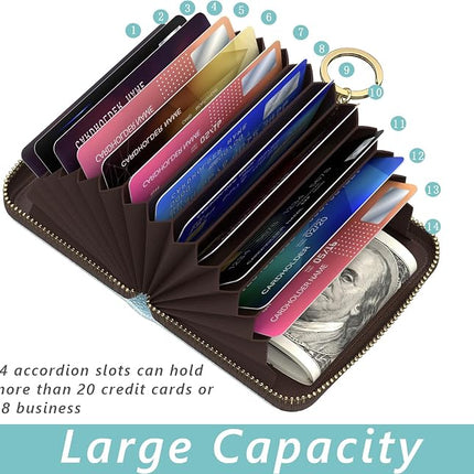 Tiexcnia RFID Credit Card Holder, Small Card Holder Wallet with Keychain Zipper, Leather Card Case Wallet for Women