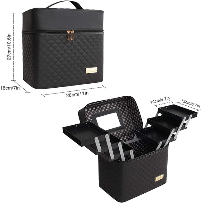 Cosmetic Bag with Mirror for Travel Vanity,Large Makeup Organizer Bag with 6 Compartments 3 Layer Drawers,Toiletry Bag for Women Men (Black)