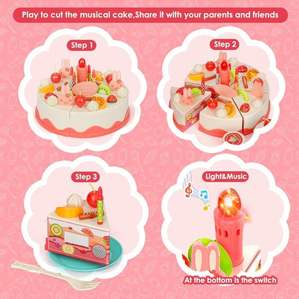 82Pcs DIY Cutting Birthday Cake Food Toys Pretend Playset-Light and Music with Candles,Dessert for Kids Toddlers T26