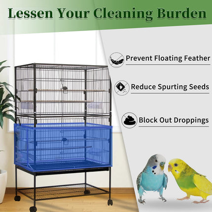 Daoeny 2PCS Large Bird Cage Cover, Bird Cage Seed Catcher, Adjustable Soft Airy Nylon Mesh Net, Birdcage Cover Skirt Seed Guard for Parrot Parakeet Macaw African Round Square Cages (Blue + Green)