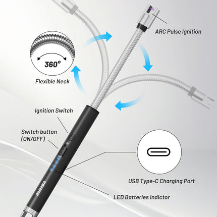 VEHHE Electric Lighter, 360° Flexible Neck, USB C Rechargeable, Black