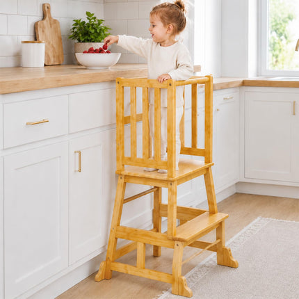 COSYLAND Baby and Toddler Step Stool Kitchen Nursery Helper Stand with Safety Rail in Natural Bamboo, Strong and Lightweight Toddler Kitchen Stool Helper - Natural