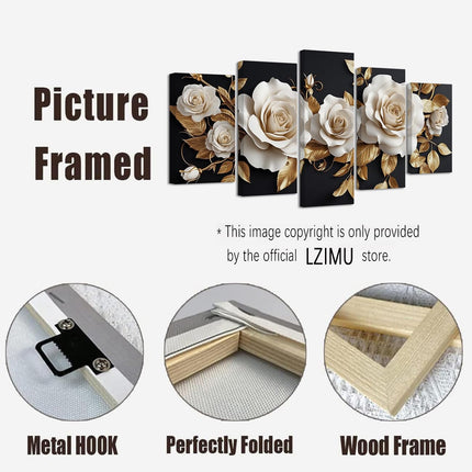 LZIMU White and Gold Flower Canvas Wall Art 5 Pieces White Rose Gold Leaf Pictures Large Elegant Floral Painting Abstract Blooming Flowers Print Home Decor Framed (8x14inx2 8x18inx2 8x22inx1)