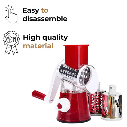 JS Gourmet Rotary Cheese Grater with Crank Handle and 3 Interchangeable Blades, Ideal for Grating, Shredding and Slicing Vegetables, Fruits, Nuts, Carrots
