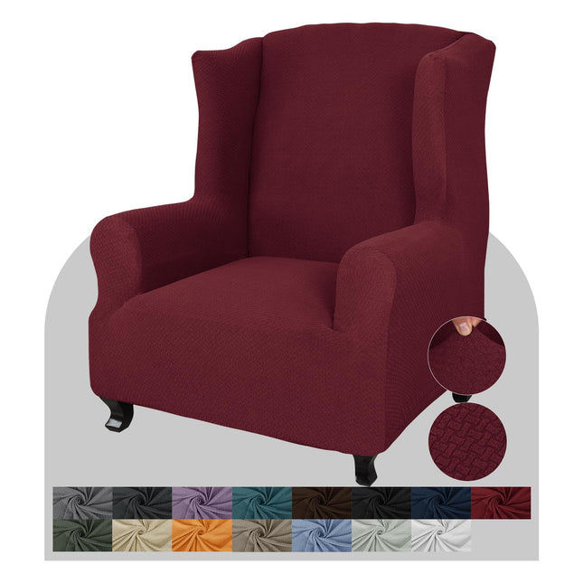 JIVINER 1-Piece Soft Spandex Super Stretch Jacquard Wing Chair Cover for Wingback Furniture Protector, Wine Red