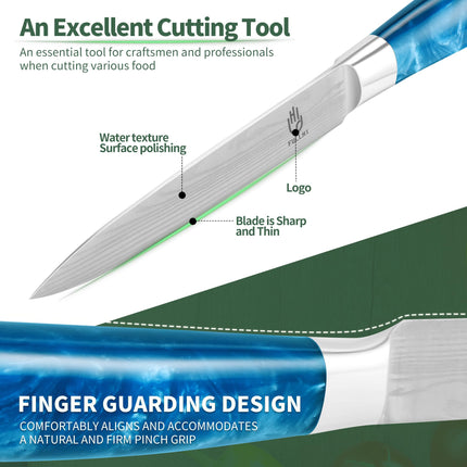 FULLHI 5" Japanese Utility Paring Stainless Steel Knife with Sheath Guard, Blue Resin