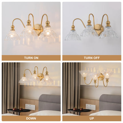 BrkNit Vintage Bathroom Light Fixtures Over Mirror, 3-Light Brass Wall Sconce Lighting with Flower Glass Shade, Farmhouse Vanity Lights for Bedroom Kitchen Living Room Hallway Light