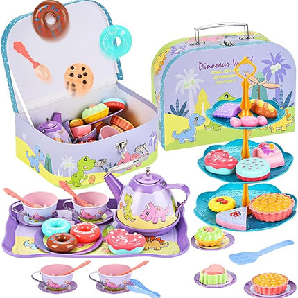 45Pcs Tea Party Set for Little Girls Princess Tea Time Toy Playset Ocean/Dinosaur Theme Kids Tea Set with Desserts & Carrying Case Kitchen Pretend Toy T133