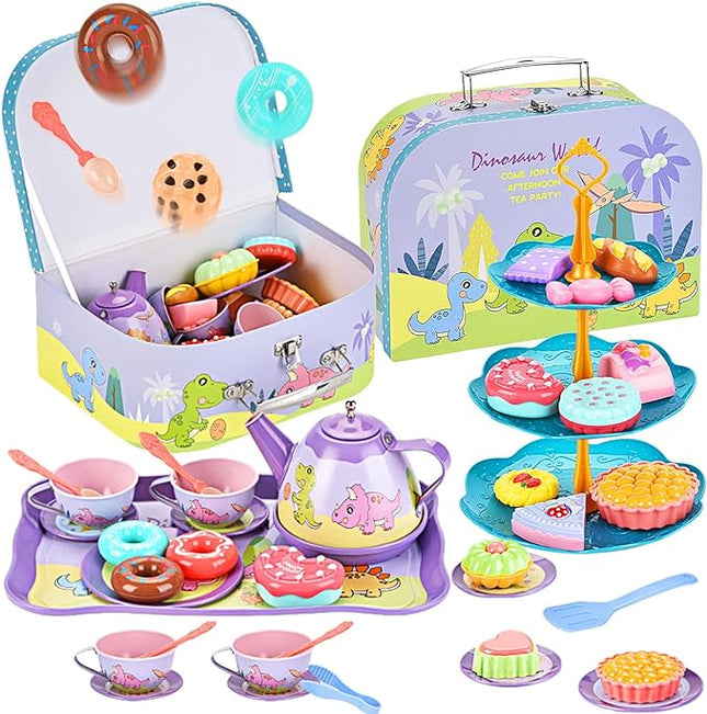 45Pcs Tea Party Set for Little Girls Princess Tea Time Toy Playset Ocean/Dinosaur Theme Kids Tea Set with Desserts & Carrying Case Kitchen Pretend Toy T133