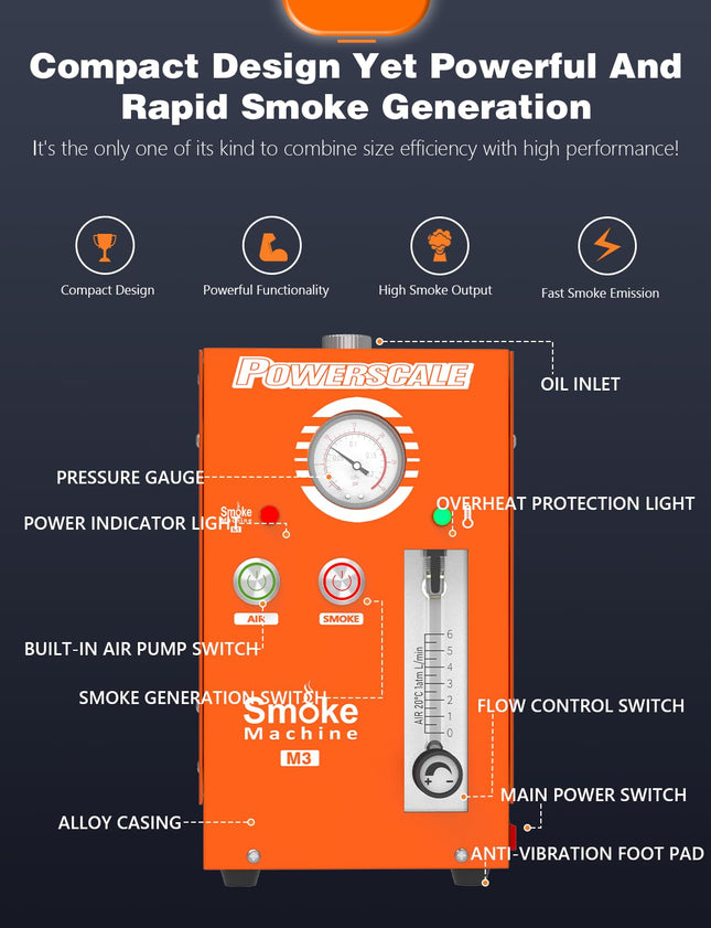 PowerScale M3 Automotive Smoke Machine Built-in Air Pump, 19-23 PSI Leak Detection, 2024 Professional Tools, EVAP System, Fuel Leakage, Leakage Diagnostic Tester for All DC12V Vehicles