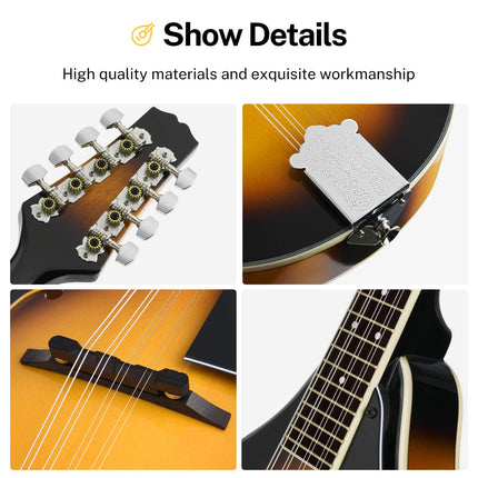 Donner A Style Sunburst Beginner Adult Acoustic Mandolin Mahogany 8 String, Bundle With Tuner String Bag Guitar Picks, DML-1