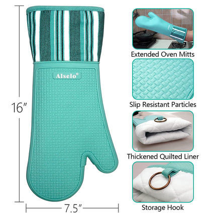 Alselo Heat Resistant 550 Degree Extra Long Silicone Oven Mitts, Teal