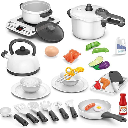 Kitchen Set for Kids, Kitchen Toys with Electronic Induction Cooktop, Steam Pressure Pot, Cookware, Pretend Play Kitchen Accessories, Cutting Play Food, Birthday Gifts for Girls Boys Toddlers (Gray) T43