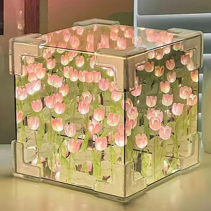 Neioaas 2-in-1 Handmade DIY 20 Tulip Flowers Cube Mirror LED Night Light, Pink Mutli