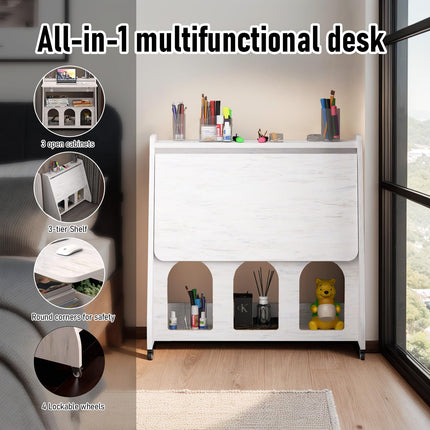 Pmnianhua Portable Desk on Wheels,Multipurpose Mobile Workstation,Rolling Computer Writing Desk with Lockable Wheels and Storage for Home Office Small Space(Rustic Brown)