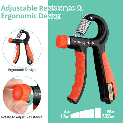 VINTEAM Hand Grip Strengthener with Counter, 4 Pack Forearm Trainer Workout Kit, Adjustable Resistance Grip Strengthers with Grip Ring &Grip Ball, for Hand Strength Trainer, Recovery