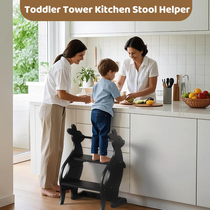 Wooden 2 Step Stool for Toddlers, Adjustable Height Toddler Learning Standing Ladder Tower with Handrails, Kitchen Toddler Stool Helper for Bathroom Sink Toilet Potty Training
