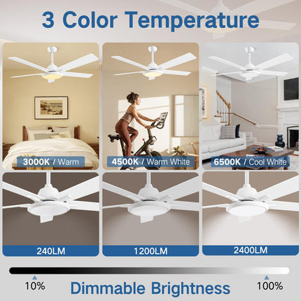 OUTON 52"Ceiling Fans with Lights & Remote Control, LED Dimmable Modern Ceiling Fan with 5 Dual Finish Blades, 3 Color Temperature, Indoor Outdoor Ceiling Fan for Bedroom Living Room Patio, White
