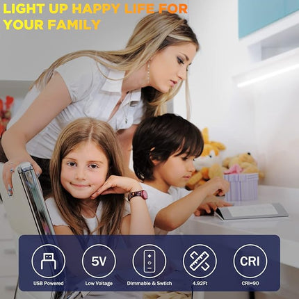 QIGE USB COB LED Strip Lights 4.92ft/1.5m,5V 480LEDs 1200lm Dimmable COB LED Light Strip 5000K Daylight White CRI90 USB TV Backlight,Flexible Under Cabinet Tape Light for Bedroom,Kitchen,Home DIY Lighting